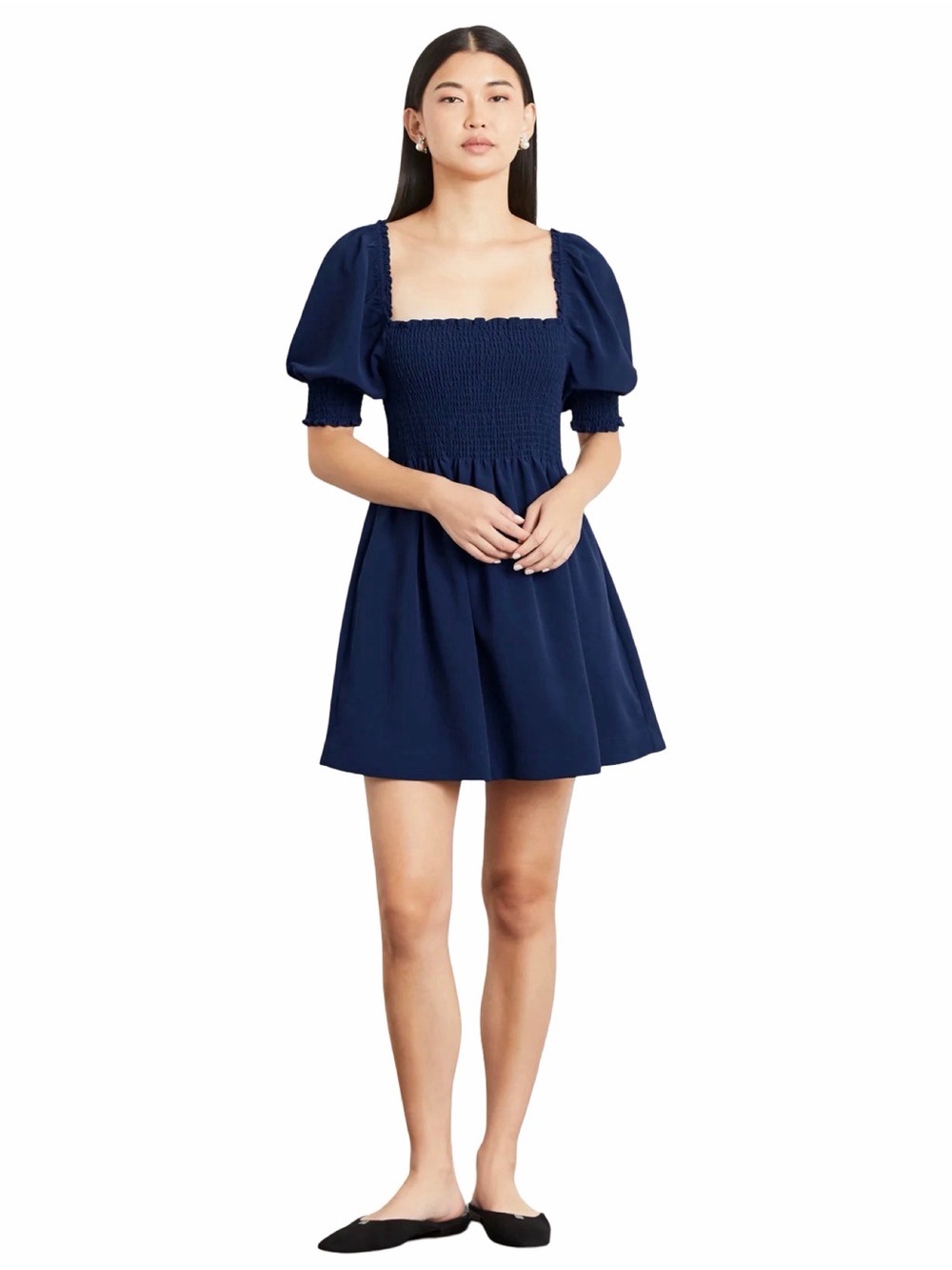 Hill House Navy Smocked Puff-Sleeve Mini Dress